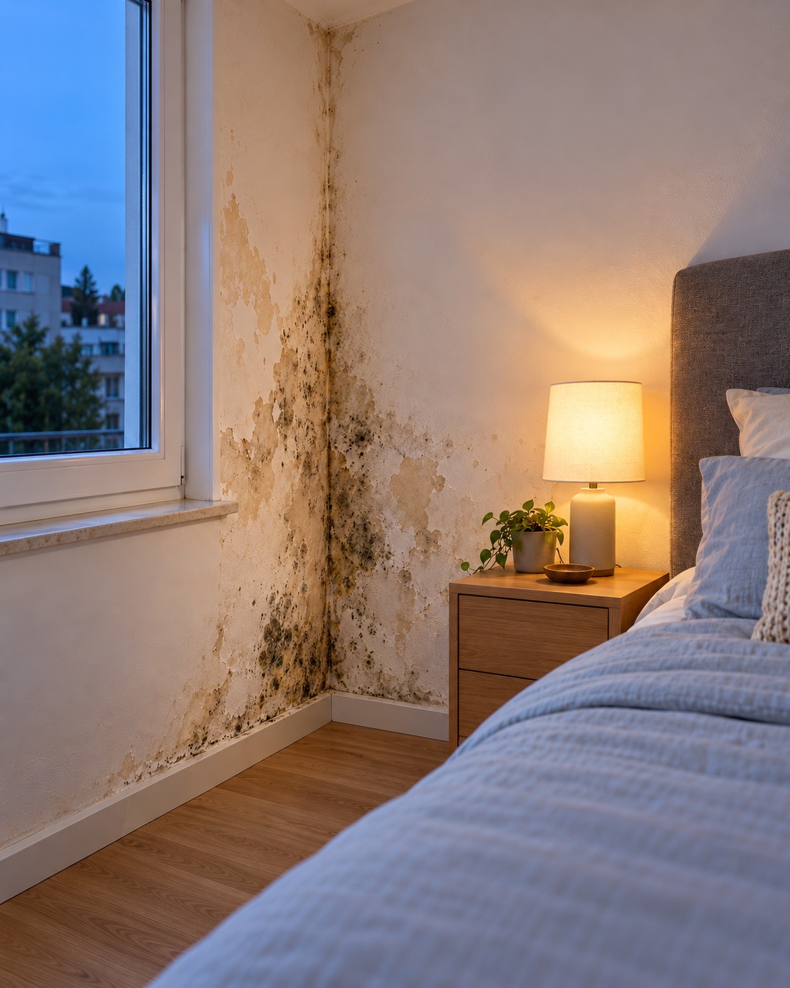 Dormitorio con moho en la pared junto a la cama