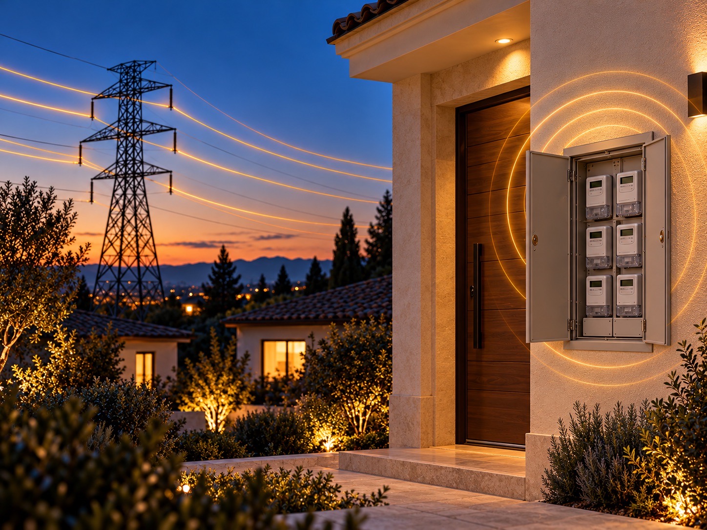 Línea eléctrica y cuarto de contadores junto a una vivienda
