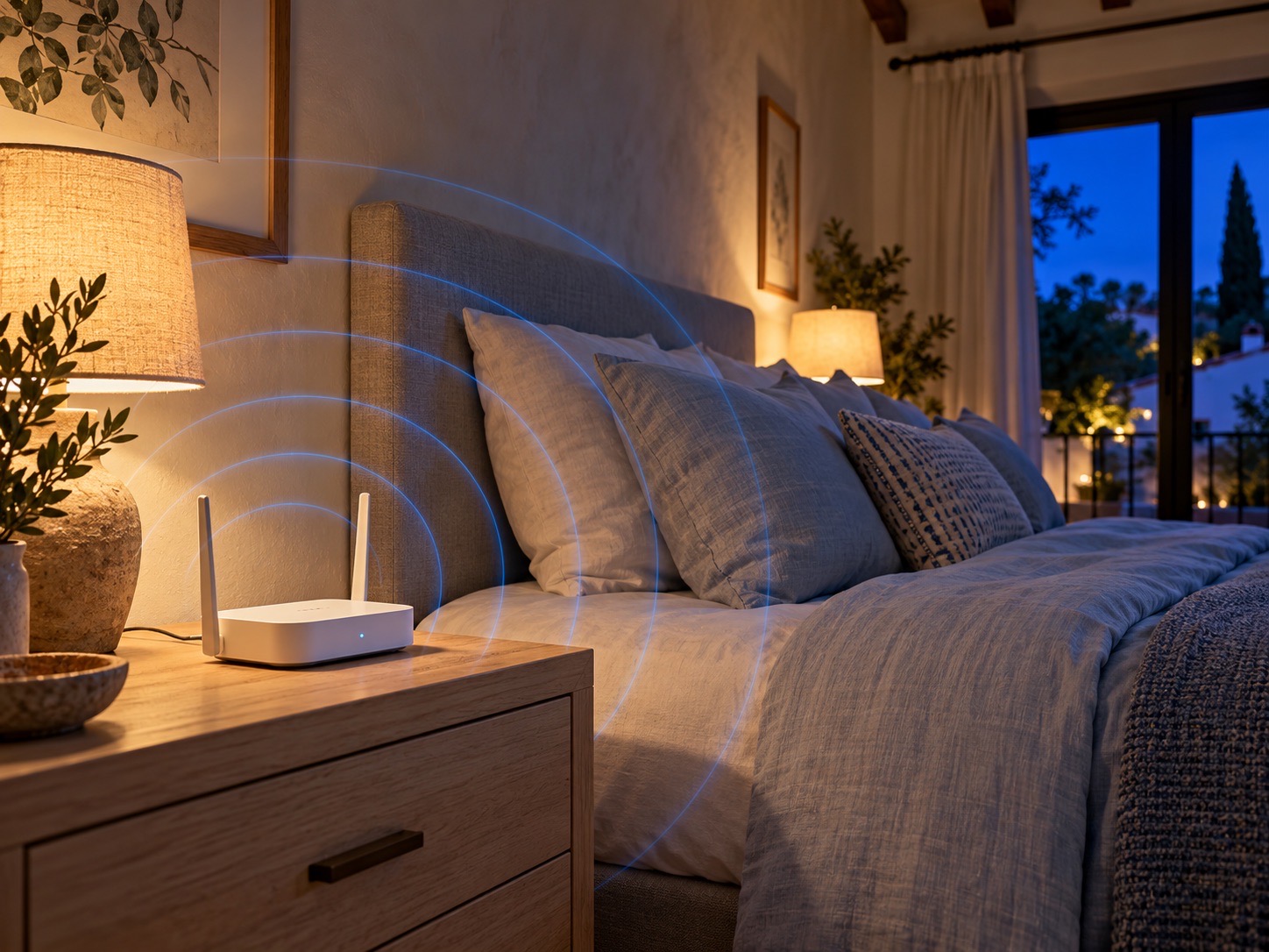 Tauleta de nit amb el router wifi, la tablet i el mòbil al costat del llit