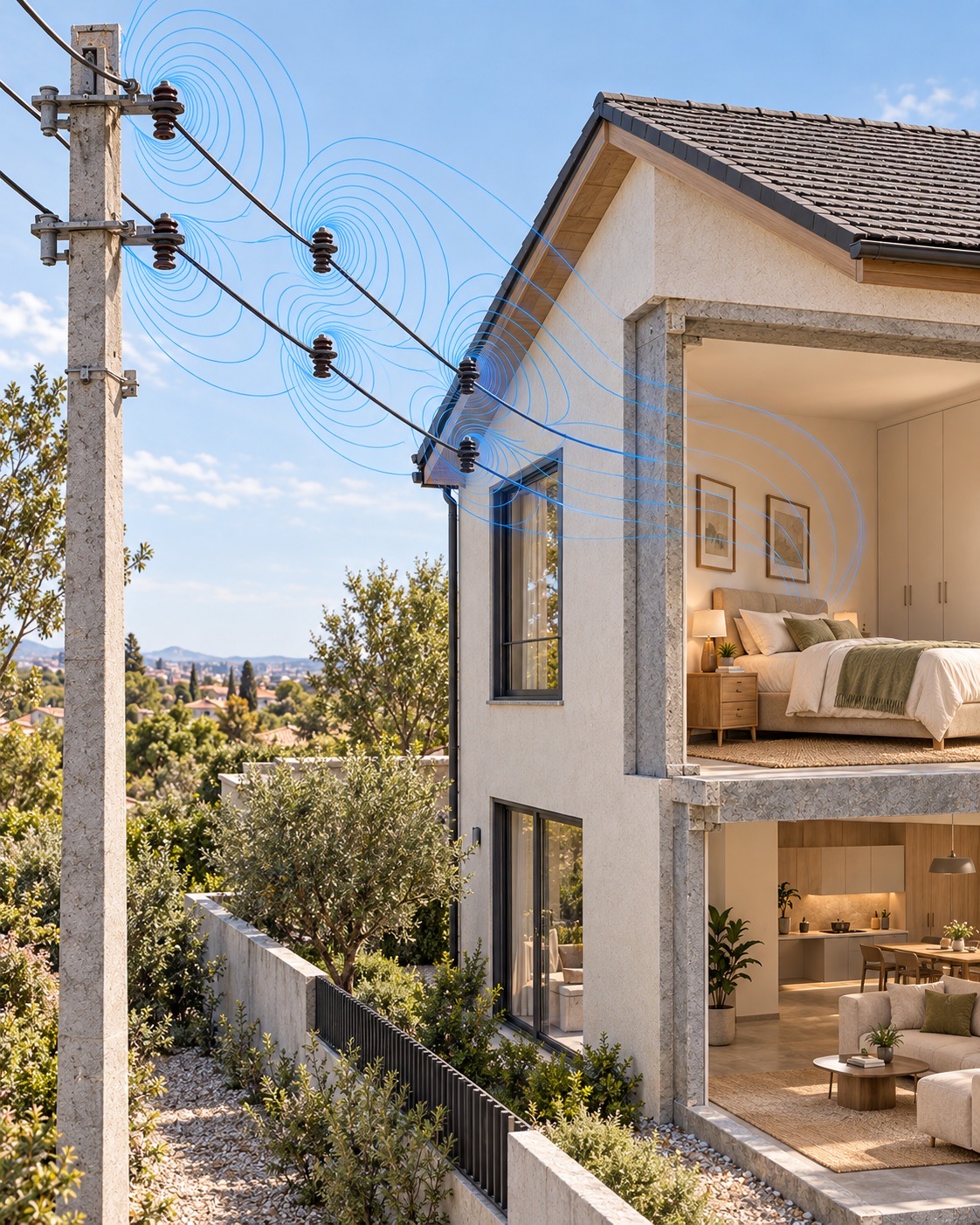 Línea eléctrica junto a una casa: el campo magnético de los cables llega hasta el dormitorio