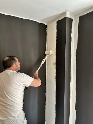 Pintor aplicando con rodillo la pintura apantallante sobre la pared