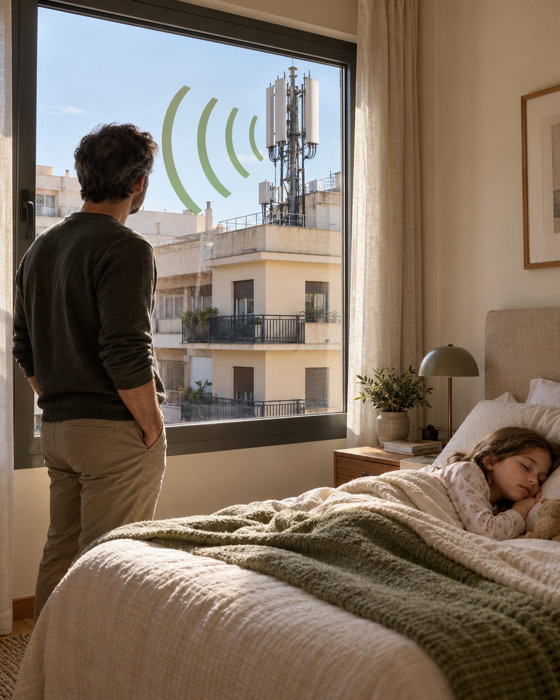 Hombre mirando por la ventana la antena de telefonía que tiene delante del dormitorio donde duerme su hija